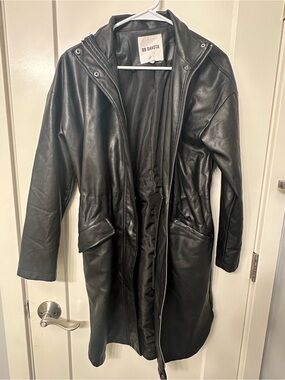 BB Dakota Black Long Leather Coat with Hood